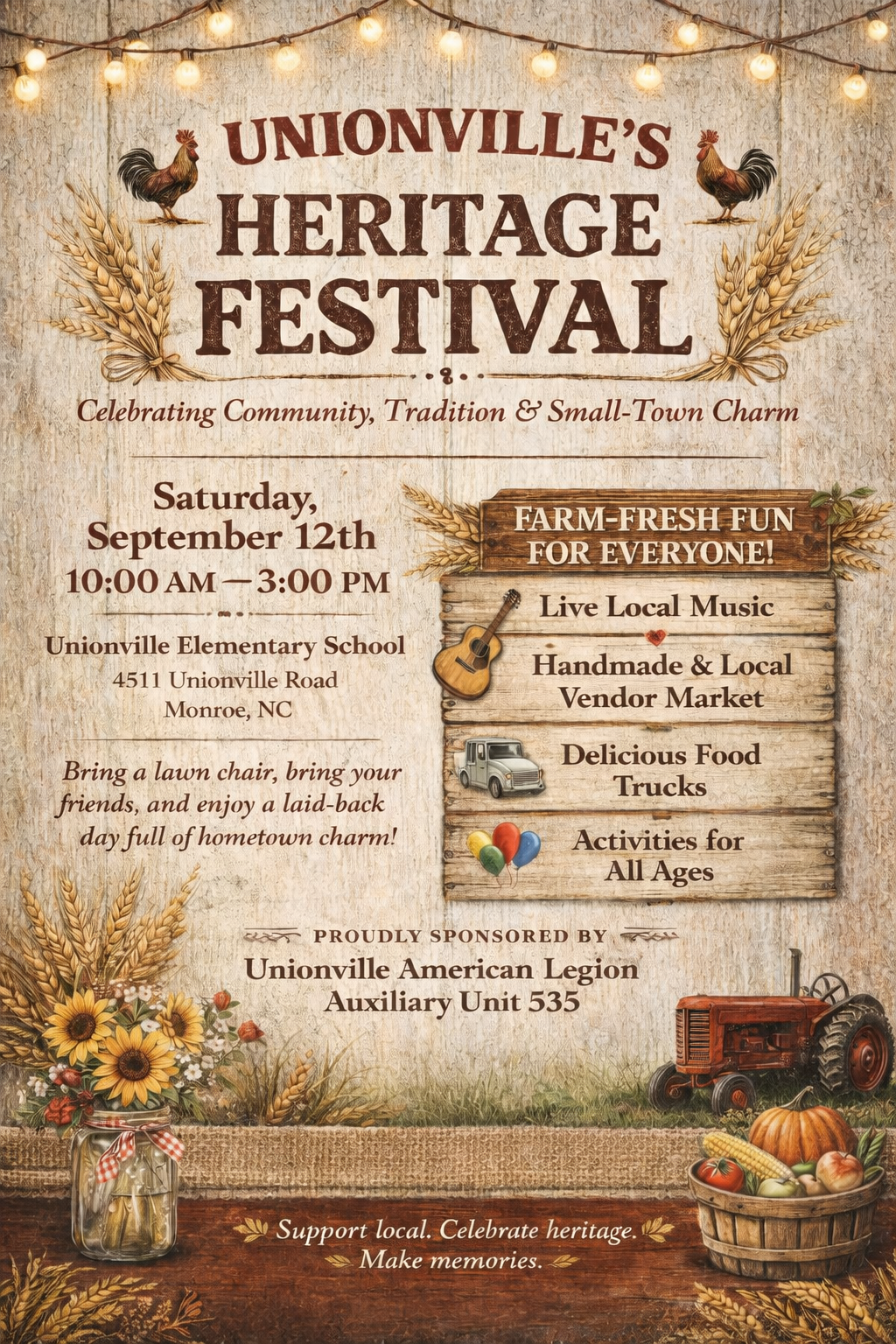 Unionville's Heritage Festival Flyer with Live Music, Vendor Market, Food Trucks, and Activities for all ages.