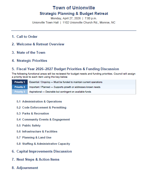 Agenda for Strategic Planning & Budget Retreat on April 27, 2026 at 7:00 p.m.